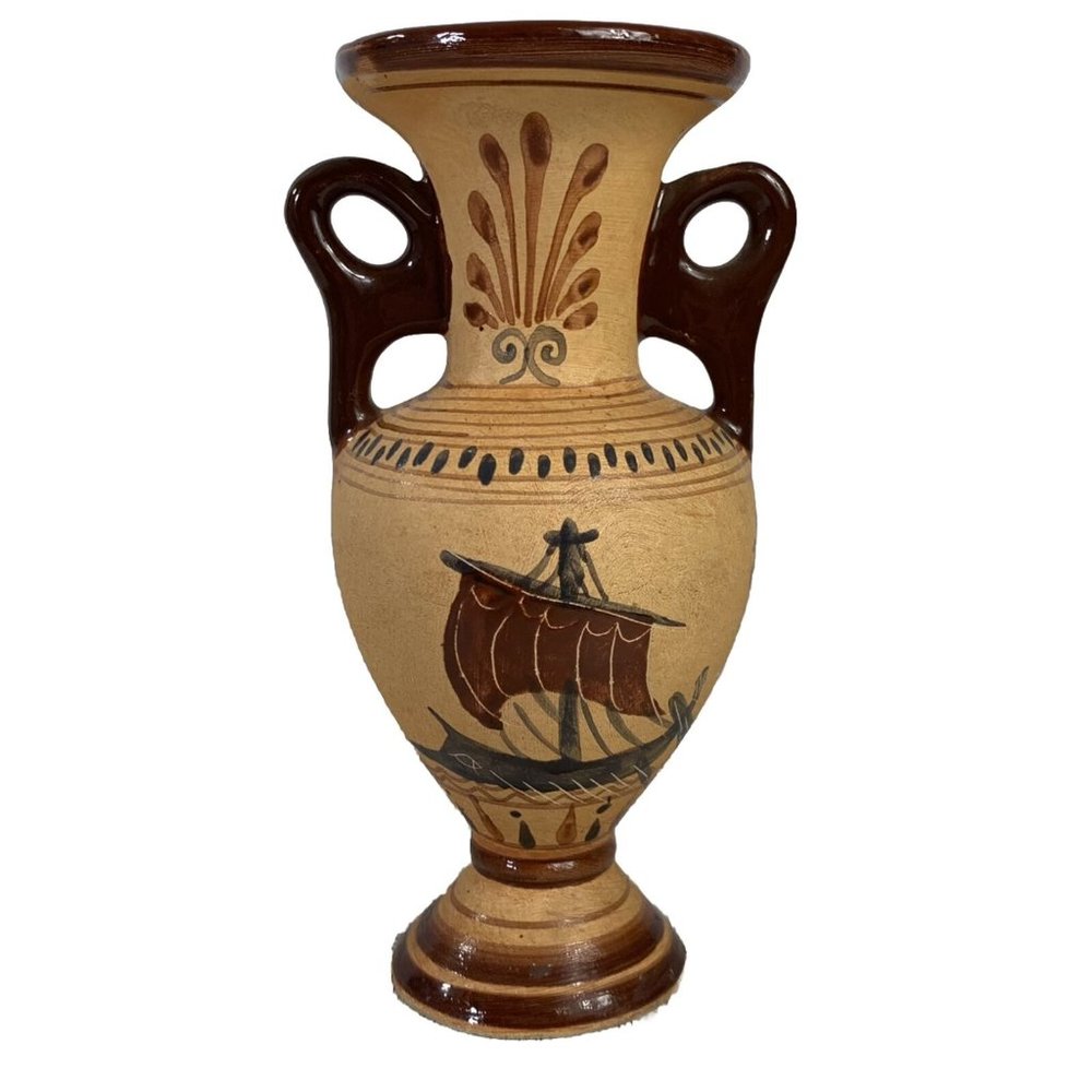 VTG Greek Bud Vase Hand Painted Pottery 5.25” Signed A Xipolias Epidavros Greece